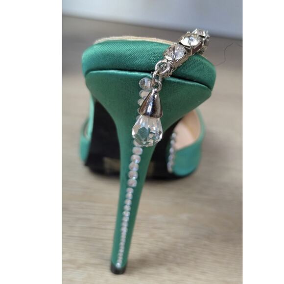 Azalea Wang Ashley Stiletto Heels 6 Green Rhinestone Ankle Strap Pointed Toe - Picture 8 of 10